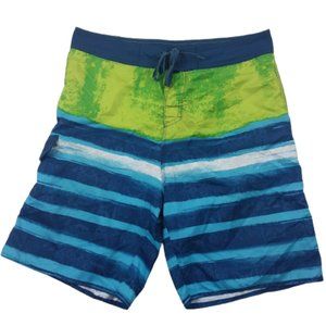 Subculture Board Shorts Drawstring Swim Surfing Beach Striped Blue Yellow Green